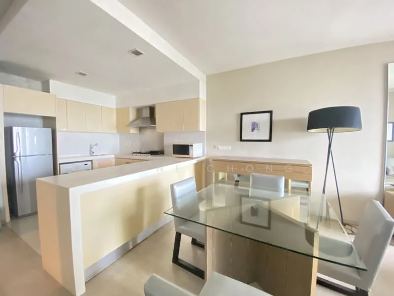 Kitchen features: light wood cabinetry, stainless-steel fridge, built-in oven, 4-burner gas hob, stainless-steel range hood, white countertop, tile backsplash, single-bowl stainless-steel sink, chrome pull-down faucet; style: modern. Dining features: glass dining table, upholstered dining chairs, floor-to-ceiling mirror, pendant lamp, neutral wall color; style: modern.