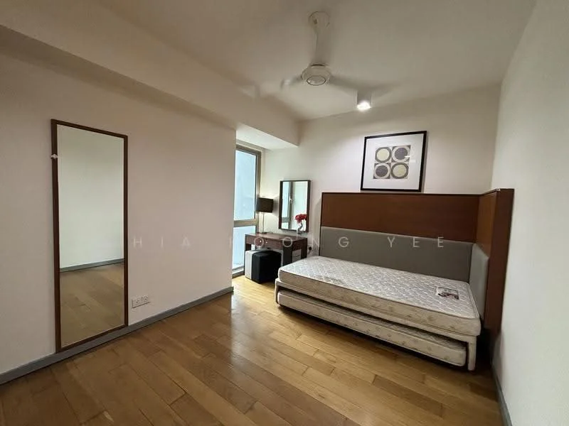 Bedroom features: wooden flooring, white painted walls, ceiling fan, framed artwork on wall, mirror, queen-size bed, bedside table, large window with natural light; style: modern.