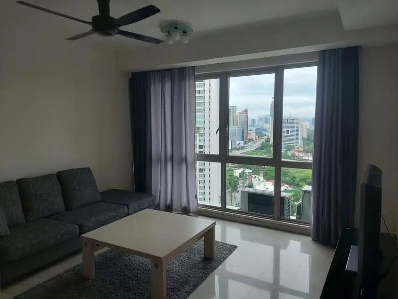 Living features: 3-seater fabric sofa in grey, coffee table, floor-to-ceiling windows, city view, light grey area rug, ceiling fan with light, curtains in dark grey, wall-mounted TV, polished tile flooring, neutral painted walls; style: modern; view: city.
