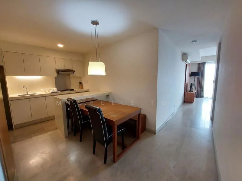 Kitchen features: white cabinetry, granite countertop, stainless-steel sink, chrome pull-down faucet, built-in oven, 4-burner gas hob, exhaust hood, ceramic tile flooring, recessed downlights; style: modern. Dining features: wood dining table, 4 upholstered dining chairs, pendant lamp, open layout, ceramic tile flooring, wall-mounted air conditioning unit; style: modern.