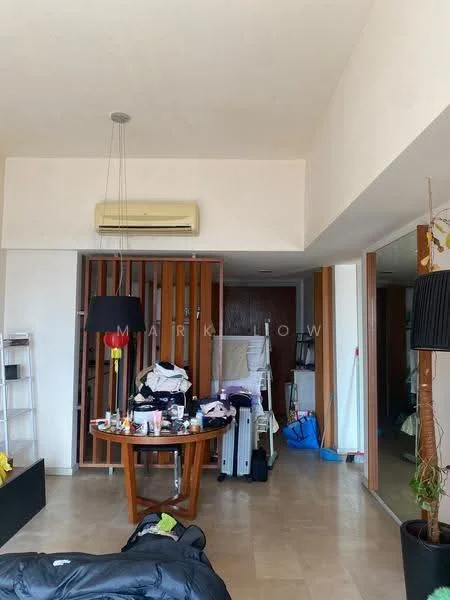 Room features: wall-mounted split AC, wooden partition, round dining table, black floor lamp, cluttered table with various items, light-colored walls, light-colored flooring, open layout, doorway leading to another room; style: modern.
