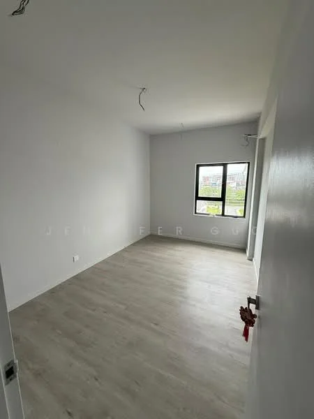 Room features: light grey painted walls, laminate flooring, large window with view, ceiling light fixtures (uninstalled), no visible furniture, minimal decor; style: modern; view: garden.