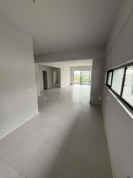Room features: white painted walls, grey tiled flooring, large windows, sliding glass door, open layout, recessed ceiling lights, no visible furniture, natural light from windows; style: modern; view: garden.