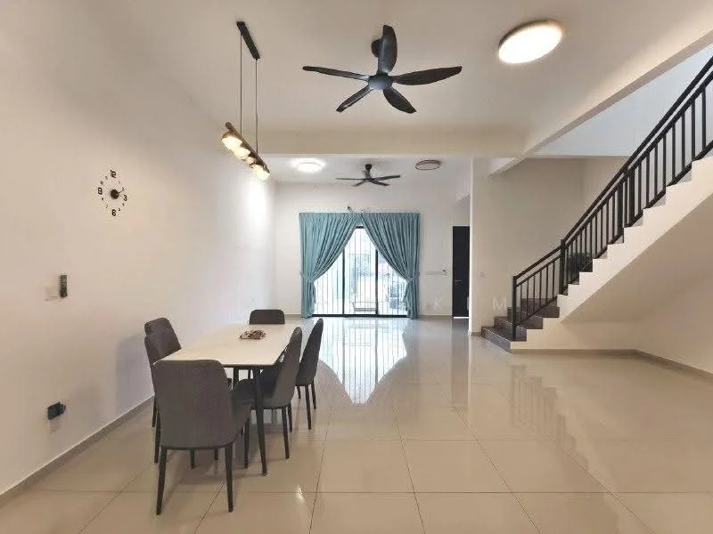 Dining features: white dining table, 6 upholstered dining chairs in grey, pendant lighting above table, 5-blade ceiling fan, large sliding glass door, curtains in light blue, white painted walls, glossy ceramic tile flooring; style: modern; view: garden. Living features: 5-blade ceiling fan, large sliding glass door, white painted walls, glossy ceramic tile flooring; style: modern; view: garden.