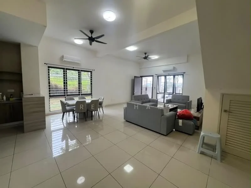 Living features: white painted walls, tile flooring, 5-blade ceiling fan with light, sofa in light grey, coffee table, TV console, wall-mounted TV, dining table for 6, sliding glass door, floor-to-ceiling windows, curtains, air conditioning unit; style: modern; view: garden. Kitchen features: white cabinetry, stainless-steel sink, built-in oven, freestanding range oven, microwave, refrigerator; style: modern.