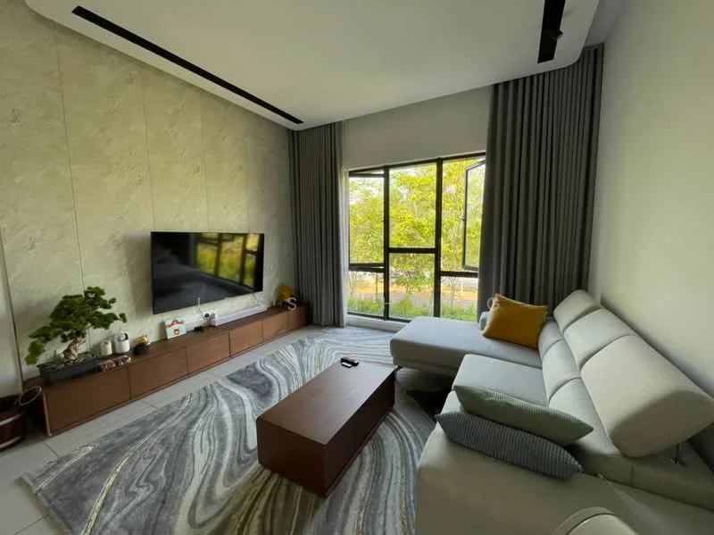 Living features: grey fabric sectional sofa, wooden coffee table, TV console with storage, wall-mounted flat-screen TV, decorative plants, area rug with abstract pattern, floor-to-ceiling windows, curtains, recessed ceiling lights, light grey walls, textured accent wall, natural light from windows; style: modern; view: garden.