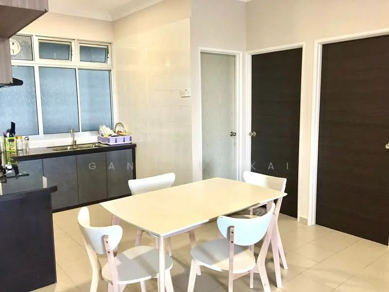 Kitchen features: single-bowl stainless-steel sink, chrome pull-down faucet, black cabinetry, white countertop, tile backsplash, built-in oven, freestanding range oven, ceramic tile flooring, recessed downlights, floor-to-ceiling windows, open shelving, kitchen island, breakfast bar; style: modern. Dining features: 4-seater dining table, white dining chairs, neutral wall color, tile flooring; style: modern.