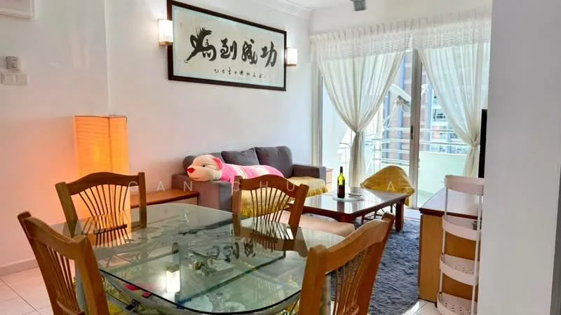Living features: grey fabric sofa, glass coffee table, area rug with geometric pattern, floor-to-ceiling windows, sheer curtains, decorative wall art, table lamp, yellow plush toy, dining table with wooden chairs; style: modern.