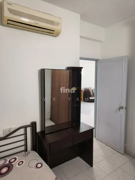 Bedroom features: wall-mounted split AC, single bed, wooden dresser with mirror, cream painted walls, tile flooring, built-in wardrobe, decorative bedding with pattern, doorway leading to another room.