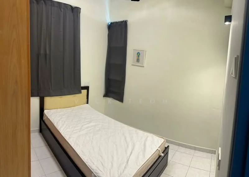 Bedroom features: single bed frame, mattress, grey curtains, white painted walls, tile flooring, wall-mounted light, framed artwork, window, corner of the room.