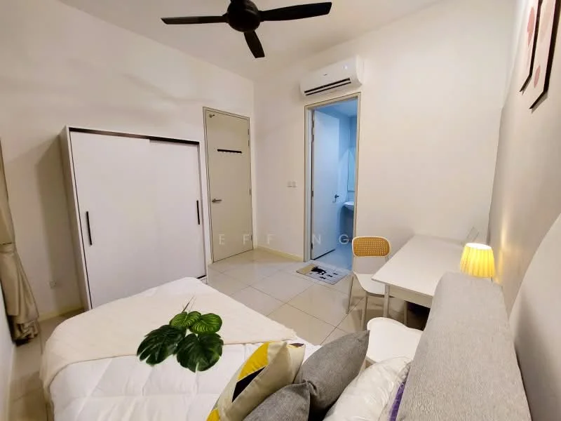 Bedroom features: queen-size bed with white bedding, upholstered headboard, built-in wardrobe with sliding doors, study desk with chair, wall-mounted lamp, ceiling fan, wall-mounted air conditioning unit, tiled flooring, neutral painted walls, window with curtains; style: modern.