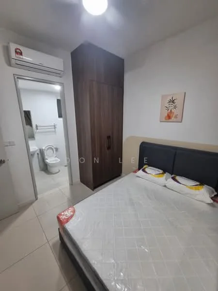 Bedroom features: queen-size bed, upholstered headboard, built-in wardrobe with wood finish, white painted walls, tile flooring, 1 wall-mounted split AC, recessed ceiling light, framed artwork on wall, door leading to bathroom; style: modern. Bathroom features: one-piece toilet, white sink with chrome faucet, tiled walls, mirror above sink, towel rack, shower area, light fixture, white painted door.