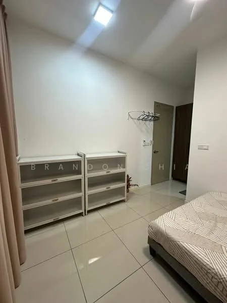 Bedroom features: white painted walls, glossy tile flooring, queen-size bed with patterned bedding, built-in wardrobe with wooden doors, open shelving unit, hanging clothes rack, ceiling light fixture; style: modern.