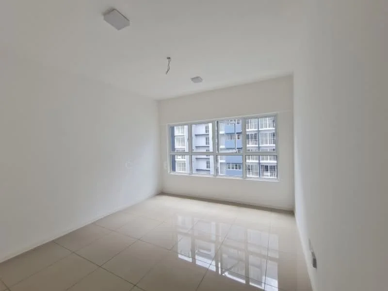 Room features: white painted walls, glossy tile flooring, 4-pane windows, ceiling lights, no visible furniture, neutral color scheme, natural light from windows, smooth ceiling; style: modern.