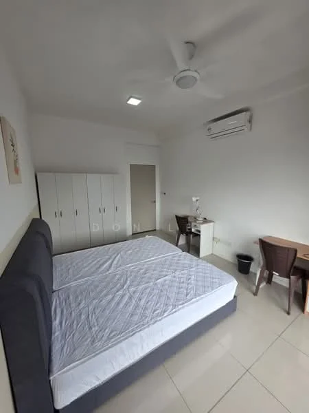 Bedroom features: queen-size bed frame without mattress, white painted walls, tile flooring, 5-blade ceiling fan, wall-mounted air conditioning unit, built-in wardrobe with sliding doors, study desk with chair, small waste bin; style: modern.