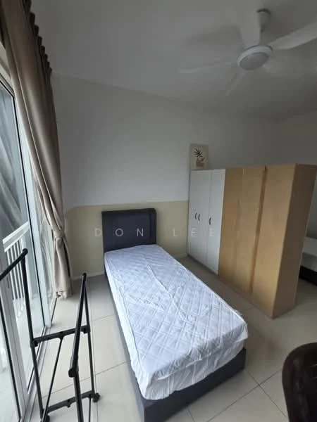 Bedroom features: single bed, upholstered headboard, white mattress, ceiling fan, floor-to-ceiling window, curtains, built-in wardrobe with sliding doors, cream painted walls, tile flooring; style: modern.