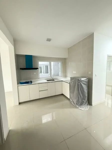 Kitchen features: white cabinetry, marble countertop, single-bowl stainless-steel sink, chrome pull-down faucet, built-in oven, ceramic tile backsplash, grey wall tiles, recessed downlights, floor-to-ceiling window, open layout, polished tile flooring; style: modern.
