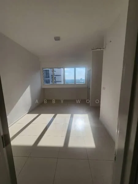 Room features: white painted walls, tile flooring, large windows, natural light, city view, ceiling light fixture; style: modern; view: city.