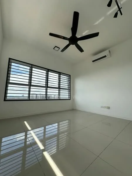 Room features: white painted walls, glossy tile flooring, 5-blade ceiling fan, wall-mounted split AC, floor-to-ceiling windows with black metal grilles, natural light from windows; style: modern; view: city.