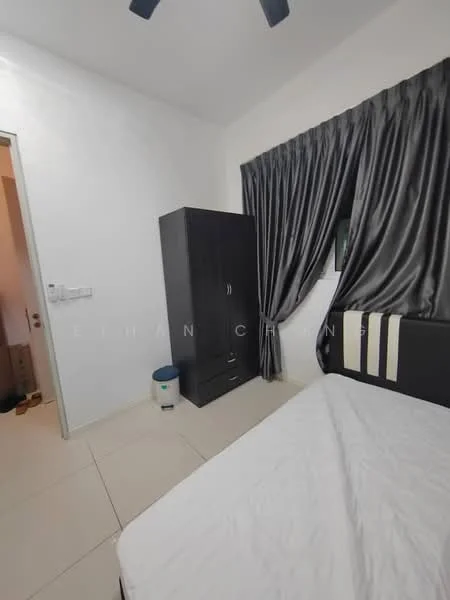 Bedroom features: white painted walls, cream tiled flooring, black wardrobe with two doors, black bedside table, queen-size bed, grey curtains, ceiling fan, window with view, light switch on wall; style: modern.