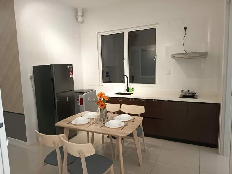 Kitchen features: white cabinets, dark wood lower cabinets, white countertop, stainless-steel sink, chrome pull-down faucet, built-in stove, black refrigerator, microwave, 4 dining chairs, wooden dining table, ceramic tile flooring, white walls, window with white frame; style: modern.