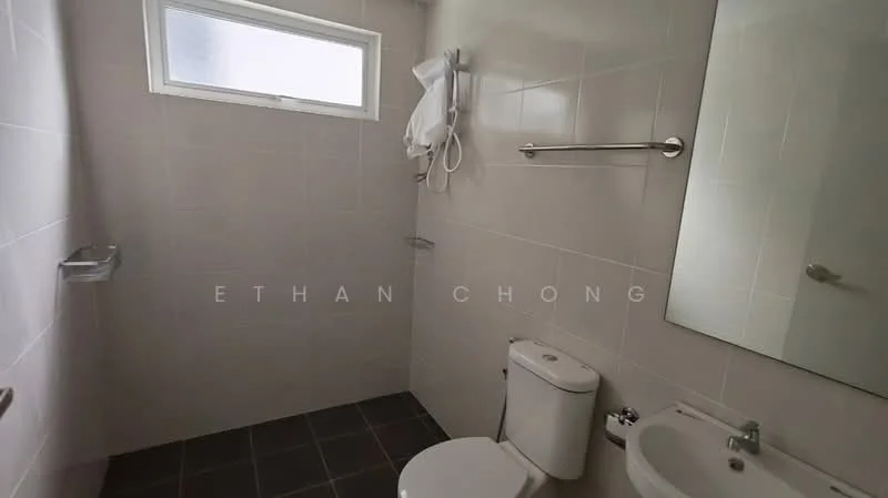 Bathroom features: white tiled walls, grey tiled flooring, one-piece toilet, wall-mounted basin, mirror above basin, towel rack, window for natural light, shower area with no visible enclosure; style: modern.