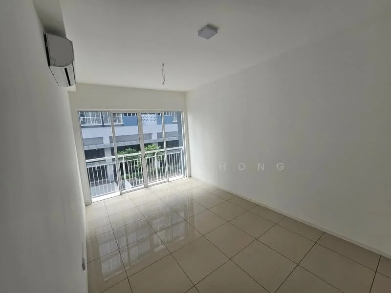 Living features: white painted walls, glossy ceramic tile flooring, floor-to-ceiling windows, sliding glass door, 1 wall-mounted split AC, natural light from windows, balcony view, simple ceiling light fixture; style: modern; view: garden.