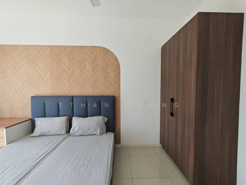 Bedroom features: queen-size bed, upholstered headboard, wooden wardrobe, light-colored bedding, cream painted walls, herringbone patterned accent wall, tile flooring, ceiling fan; style: modern.