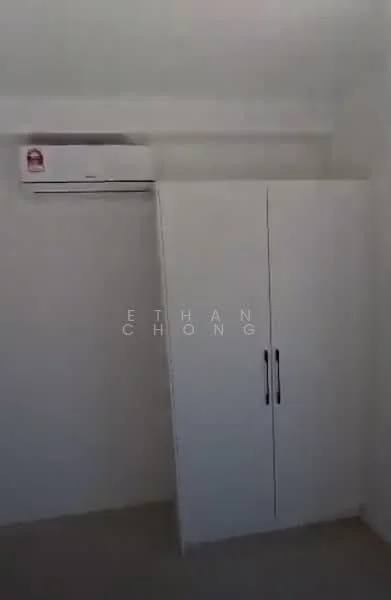 Room features: white painted walls, light grey flooring, built-in wardrobe with two doors, 1 wall-mounted split AC.