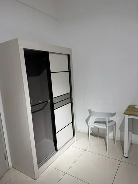 Room features: white painted walls, glossy tile flooring, built-in wardrobe with sliding doors, light wood cabinetry, white chair, small table; style: modern.