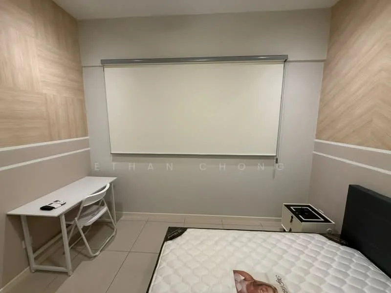 Bedroom features: wood panel accent wall, light grey painted walls, white roller blinds, single bed with mattress, study desk with chair, tile flooring, built-in wardrobe, decorative wall trim; style: modern.