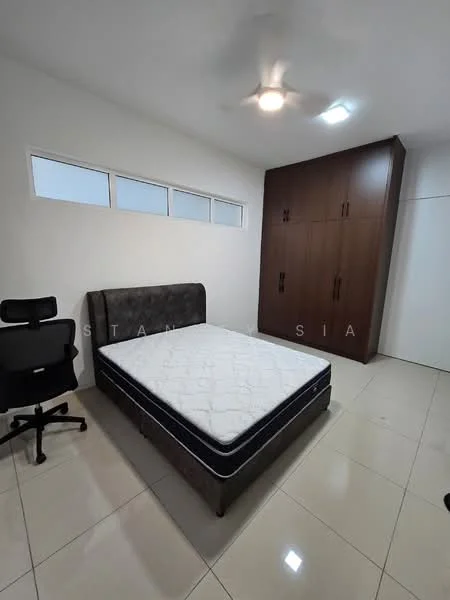 Bedroom features: queen-size bed, upholstered headboard, built-in wardrobe with wooden finish, tile flooring, white painted walls, ceiling fan, desk chair, window with glass panels; style: modern.