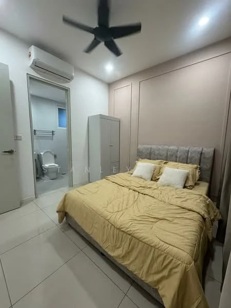 Bedroom features: queen-size bed with beige bedding, upholstered headboard, 2 bedside pillows, ceiling fan, wall-mounted split AC, built-in wardrobe with sliding doors, light-colored wall panels, white tiled flooring, window with natural light, en-suite bathroom door; style: modern. Bathroom features: toilet, sink, white tiled walls, window for ventilation.