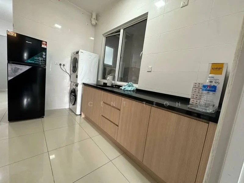 Kitchen features: black granite countertop, wood cabinetry, stainless-steel sink, chrome pull-down faucet, built-in washing machine, freestanding fridge, white tiled walls, ceramic tile flooring, window with natural light; style: modern.