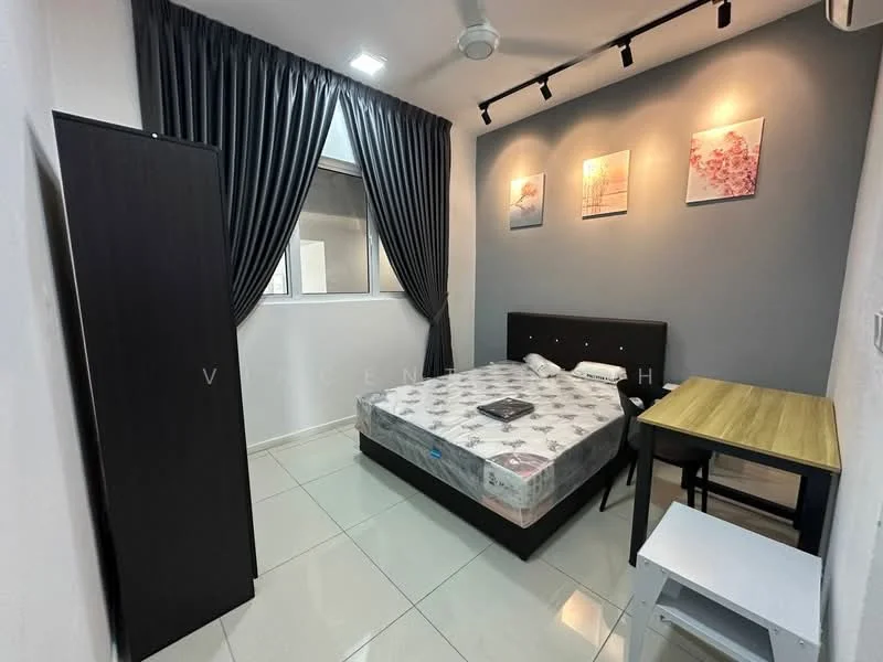 Bedroom features: queen-size bed, upholstered headboard, grey accent wall, white painted walls, floor-to-ceiling window, blackout curtains, ceiling fan, study desk, white chair, black wardrobe, tile flooring, decorative artwork on wall; style: modern.