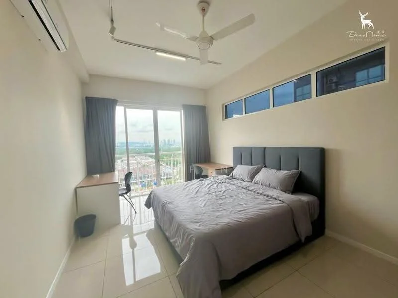 Bedroom features: king-size bed with grey bedding, upholstered headboard, 2 bedside tables, floor-to-ceiling windows, curtains, ceiling fan, wall-mounted air conditioning unit, glossy tile flooring, study desk with chair, view of city skyline; style: modern; view: city.