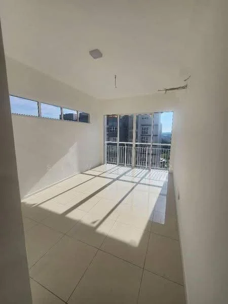 Room features: white painted walls, large floor-to-ceiling windows, sliding glass door, white ceiling, recessed downlights, glossy ceramic tile flooring, balcony access, natural light from windows; style: modern; view: city.