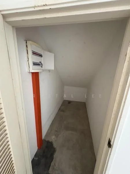 Room features: white painted walls, concrete flooring, angled ceiling, electrical panel on wall.