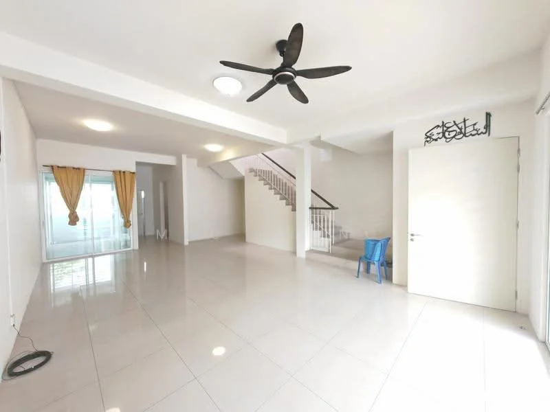 Living features: white painted walls, glossy ceramic tile flooring, 5-blade ceiling fan with light, recessed downlights, floor-to-ceiling windows, sheer curtains, open layout, staircase with white railing, decorative wall art, single door, blue plastic chair; style: modern; view: garden.