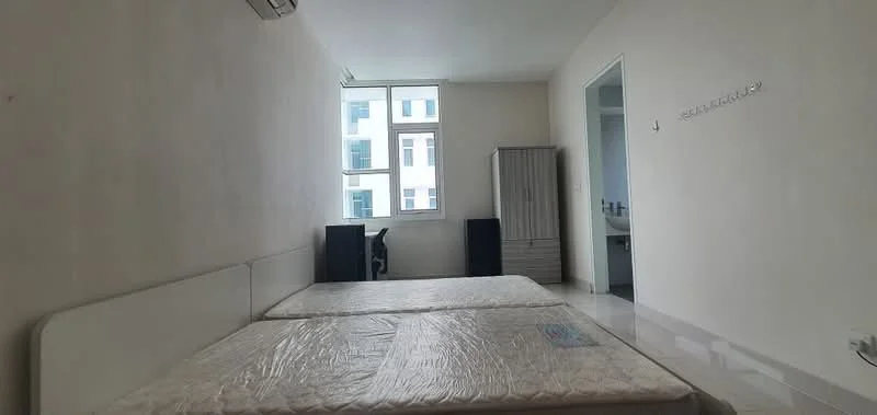 Bedroom features: two single beds with mattresses, white painted walls, tile flooring, floor-to-ceiling window, air conditioning unit, built-in wardrobe, desk and chair, neutral color scheme; style: modern.