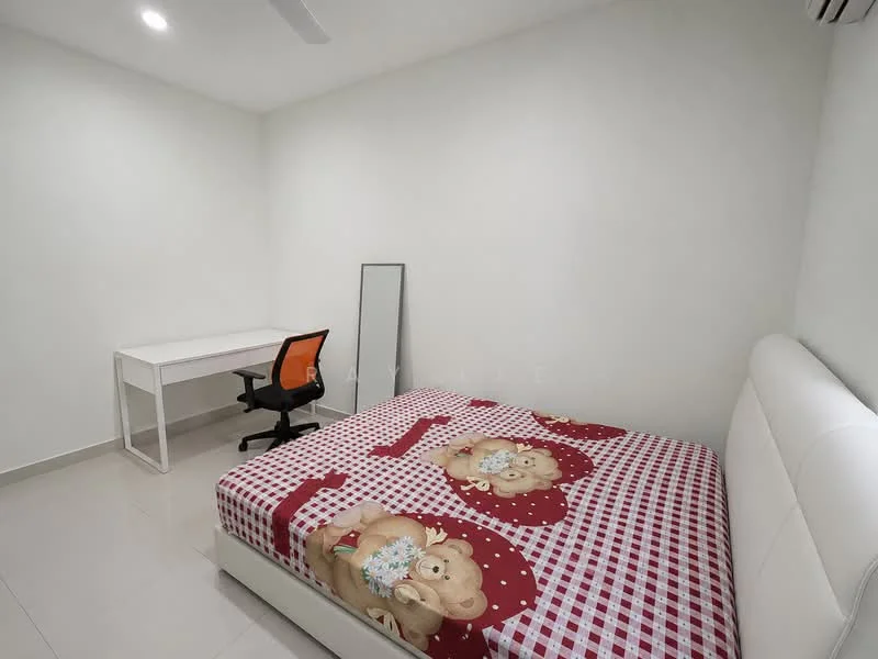 Bedroom features: white painted walls, tile flooring, queen-size bed with patterned bedding, study desk with white surface, black office chair with orange accents, full-length mirror, ceiling fan, air conditioning unit; style: modern.
