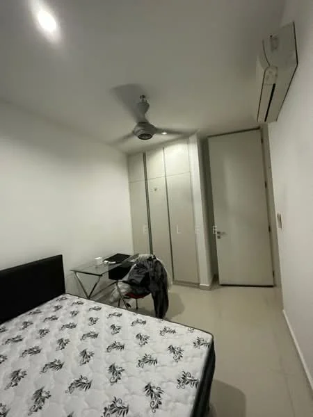 Bedroom features: queen-size bed with floral-patterned bedding, white painted walls, light-colored tiled flooring, 5-blade ceiling fan, 1 wall-mounted split AC, built-in wardrobe with sliding doors, glass-top study table, chair, door leading to hallway; style: modern.