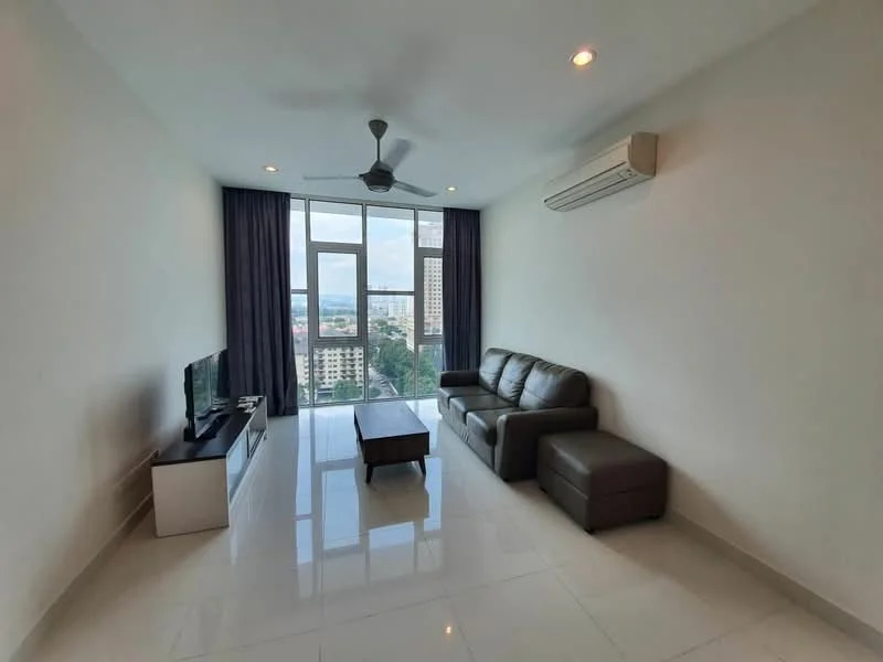Living features: 3-seater leather sofa, coffee table, wall-mounted TV, floor-to-ceiling windows, curtains, white painted walls, polished tile flooring, 1 wall-mounted split AC, ceiling fan with light, decorative wall panel; style: modern; view: city.