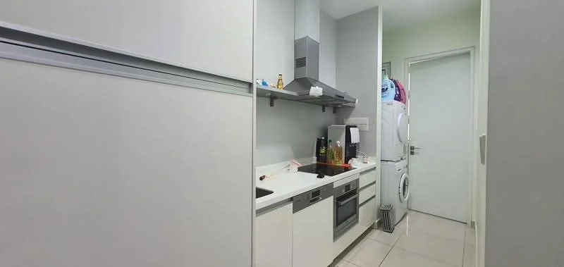 Kitchen features: white cabinetry, stainless-steel built-in oven, stainless-steel cooktop, stainless-steel range hood, white countertop, double-bowl stainless-steel sink, chrome pull-down faucet, white tiled backsplash, refrigerator, washer-dryer combo, tile flooring, wall-mounted shelves; style: modern.
