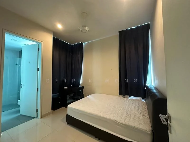 Bedroom features: queen-size bed, black upholstered headboard, white bedding, 2 large windows with dark curtains, ceiling fan, tile flooring, study desk, black office chair, white painted walls, door leading to bathroom, built-in wardrobe; style: modern.