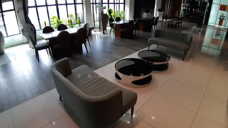 Living features: grey fabric 3-seater sofa, 2-seater grey fabric sofa, black circular coffee table, white circular coffee table, large floor-to-ceiling windows, wooden flooring, white tiled flooring, decorative plants in pots, recessed lighting, open-plan layout with dining area visible; style: modern; view: city. Dining features: 6-seater dining table, upholstered dining chairs, wooden flooring, large floor-to-ceiling windows; style: modern; view: city.