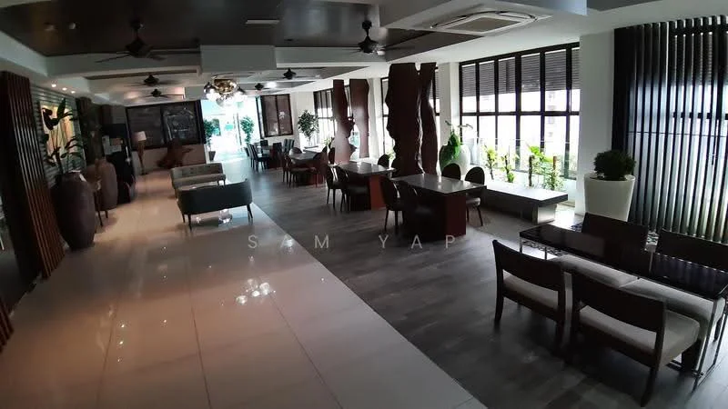 Dining features: large windows with natural light, wooden flooring, white tiled flooring, ceiling fans, modern pendant lighting, wooden dining tables, upholstered dining chairs, decorative plants in pots, accent walls with wooden slats, sofa seating area, wall-mounted artwork; style: modern; view: garden.