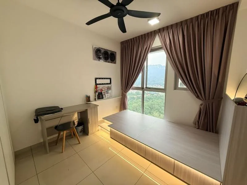 Bedroom features: floor-to-ceiling windows, mountain view, light-colored walls, ceiling fan, built-in bed platform with LED lighting, study desk, wooden chair, curtains, tile flooring; style: modern; view: mountain.
