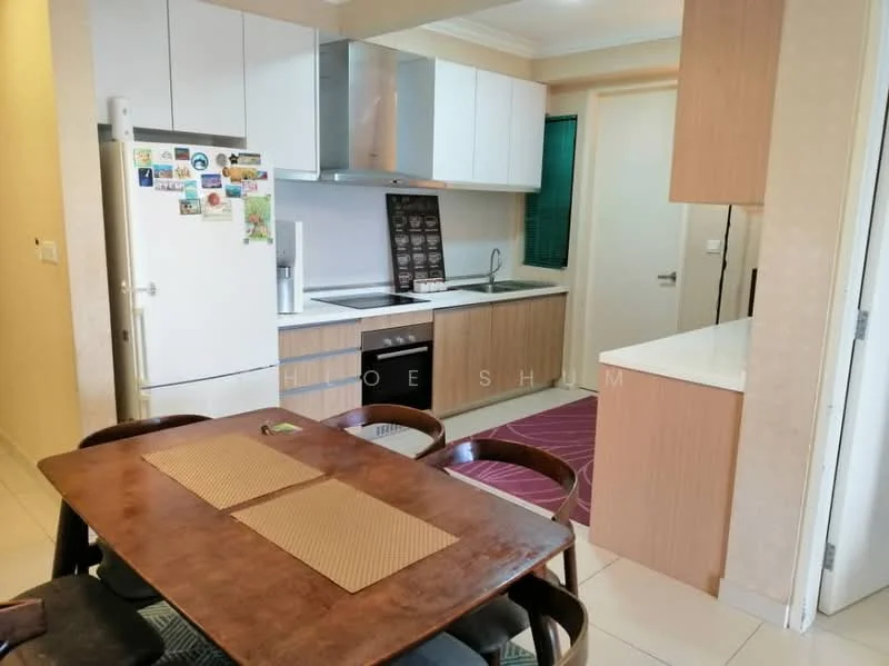 Kitchen features: white cabinetry, black countertop, stainless-steel fridge, built-in oven, 4-burner gas hob, single-bowl stainless-steel sink, chrome pull-down faucet, tile flooring, wall-mounted cabinets, dining table with 4 chairs, magnetic knife strip, decorative wall art; style: modern.