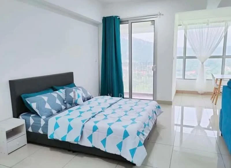 Bedroom features: king-size bed with grey upholstered headboard, blue and white geometric patterned bedding, two bedside tables, floor-to-ceiling windows, curtains in teal, white walls, glossy tile flooring, natural light from window, view of mountains, decorative throw pillows; style: modern; view: mountain.